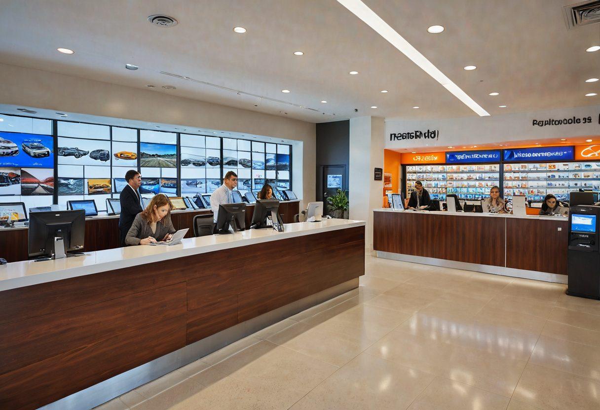 A modern car rental desk with friendly staff assisting diverse customers in a spacious, well-lit environment. Various stylish vehicles are visible behind a panoramic window, showcasing options from compact cars to luxury SUVs. A digital screen highlights rental deals and options, while travel guides and maps are scattered on a nearby table. Bright, inviting colors enhance the feeling of excitement and adventure. super-realistic. vibrant colors. 3D.