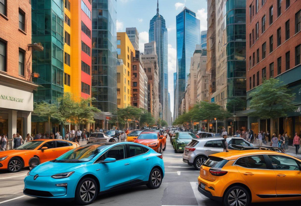 A vibrant collage showcasing diverse cars available for sharing and rentals, set against a bustling city backdrop. Include people of various backgrounds joyfully picking up keys, interacting, and enjoying their rides. Highlight eco-friendly options like electric vehicles, and emphasize convenience with a mobile app interface visible. The scene should exude a sense of adventure and community. super-realistic. vibrant colors. cityscape.